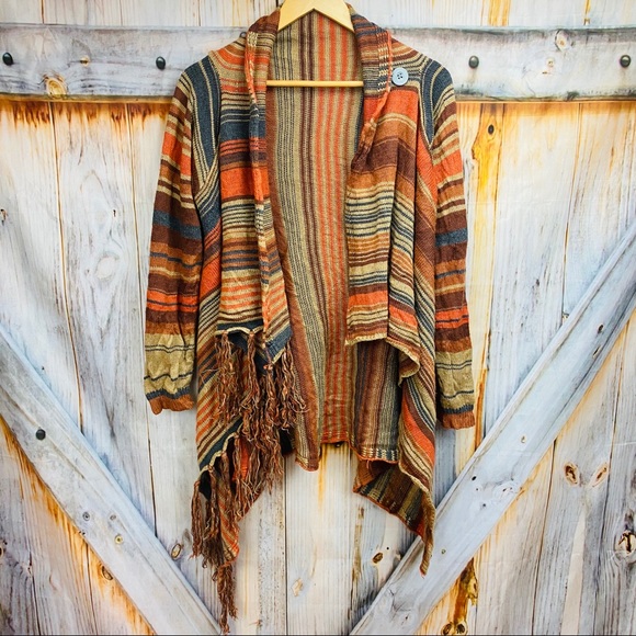 Sweaters - No Brand Fringe Open Front Striped Cardigan